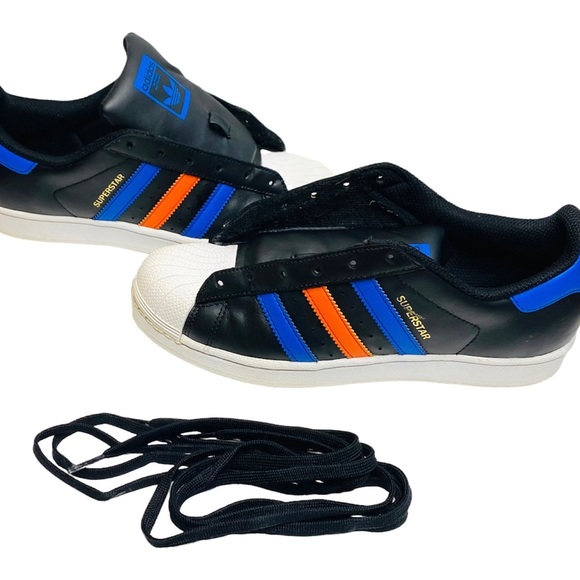 Adidas Superstar Sneakers. Colors: Black, Blue, Orange with gold Superstar logo. - Picture 3 of 5